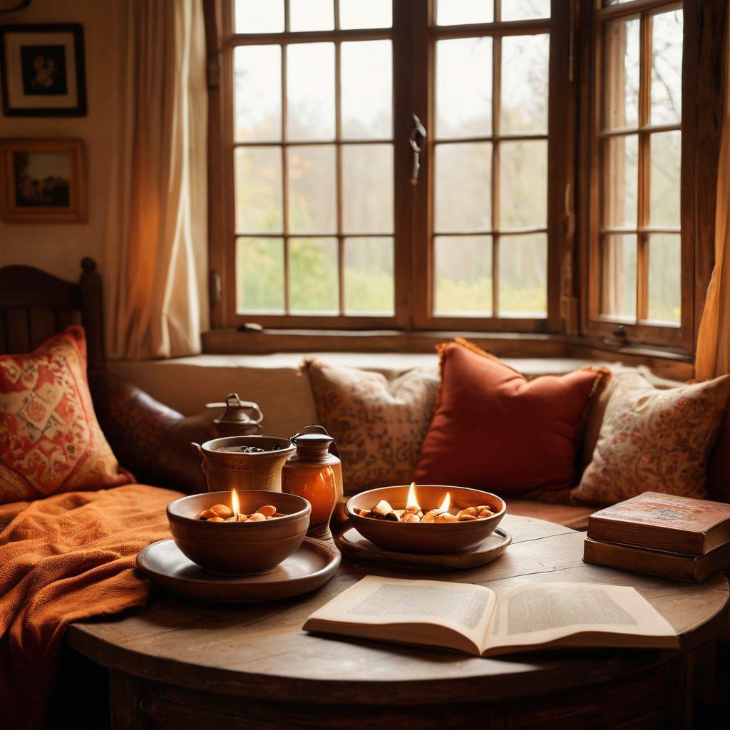 A warm, intimate scene of a cozy family gathering in a rustic living room. Display a diverse family, showcasing love and connection, surrounded by family heirlooms and traditional artifacts, with a backdrop of a heart-shaped window casting soft light. Incorporate elements of storytelling, like an open book and fading photographs, to emphasize heritage. The atmosphere should be rich and inviting, symbolizing traditions of love. super-realistic. warm colors. soft focus.