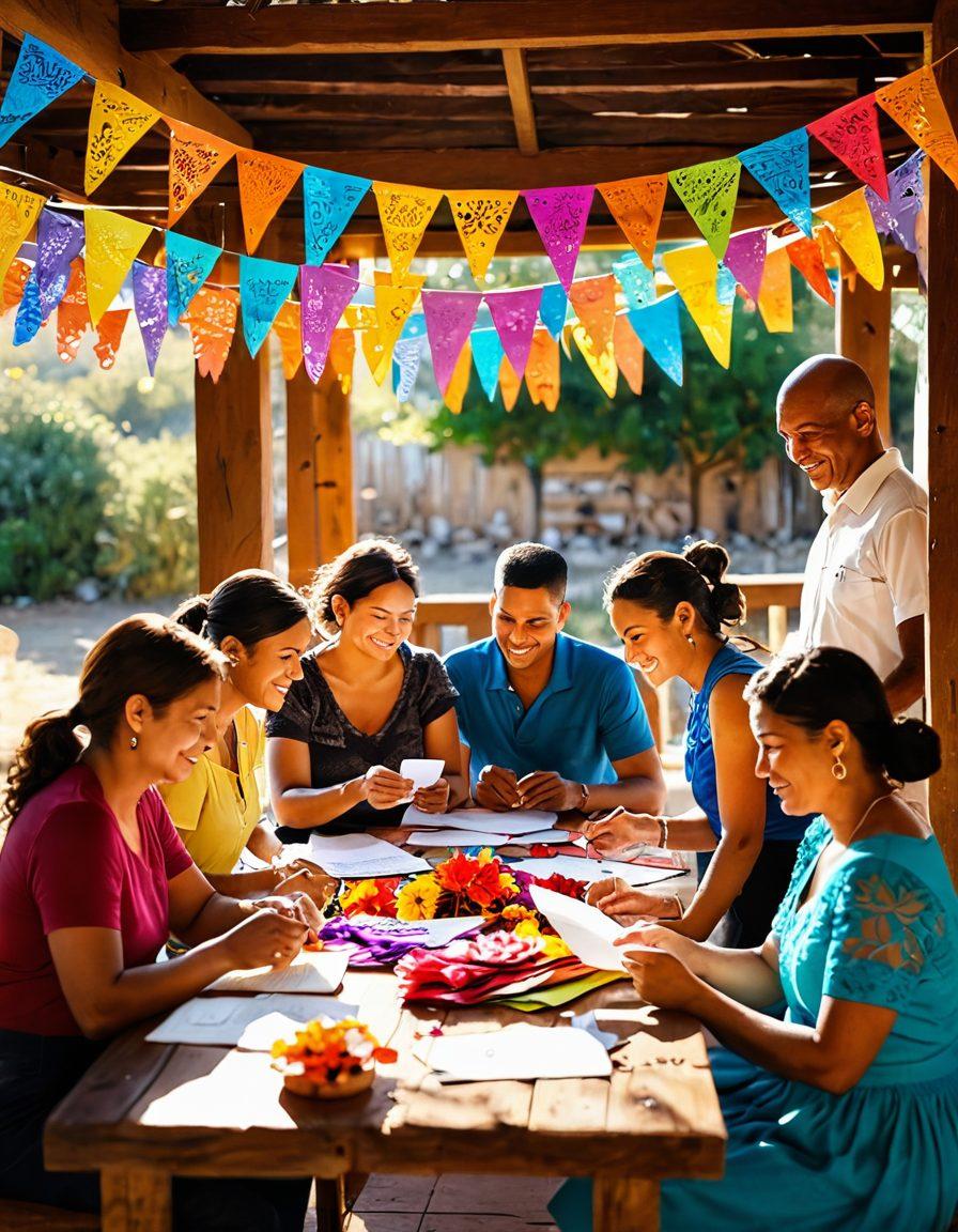 A cozy scene depicting a gathering of diverse individuals in a Castillo community, exchanging heartfelt love letters. Warm sunlight filters through colorful papel picado banners, illuminating their expressions of joy and connection. Include elements like handwritten letters scattered on a rustic wooden table, and vibrant flowers in the background that symbolize love and friendship. Emphasize the intimate atmosphere and cultural richness of the community. painting. vibrant colors. warm tones.