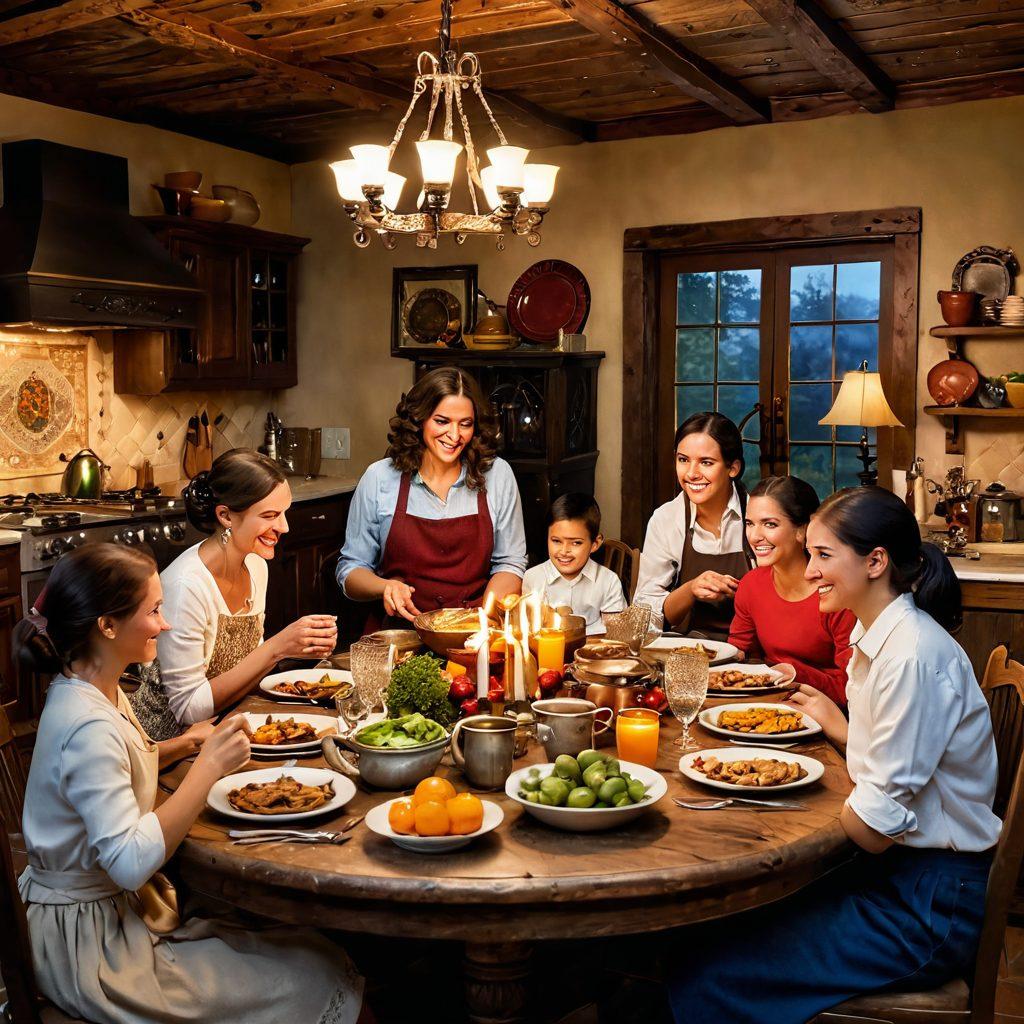 A warm, cozy family gathering scene in a rustic kitchen, with the Castillo family sharing a meal, displaying heartwarming expressions of affection and devotion. Include a table adorned with traditional dishes and decorations that reflect cultural heritage, with soft, inviting lighting. Emphasize warmth and connection among family members, perhaps showcasing laughter or a group hug. super-realistic. vibrant colors.